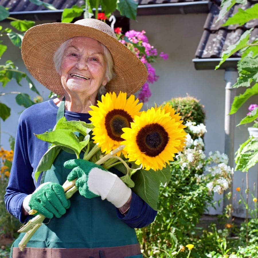 mature women wearing sun hat, smiling, and holding sunflowers